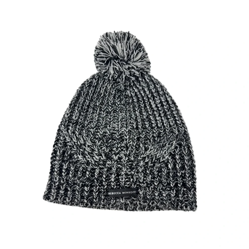 Rebecca Minkoff Black White Marled Knit Pom‎ Pom Beanie Hat